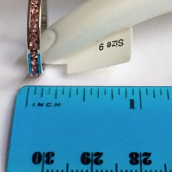 Pink Cubic Zirconia Eternity Ring Size 9 Band Stackable Silver Rhodium Plated - Picture 8 of 9